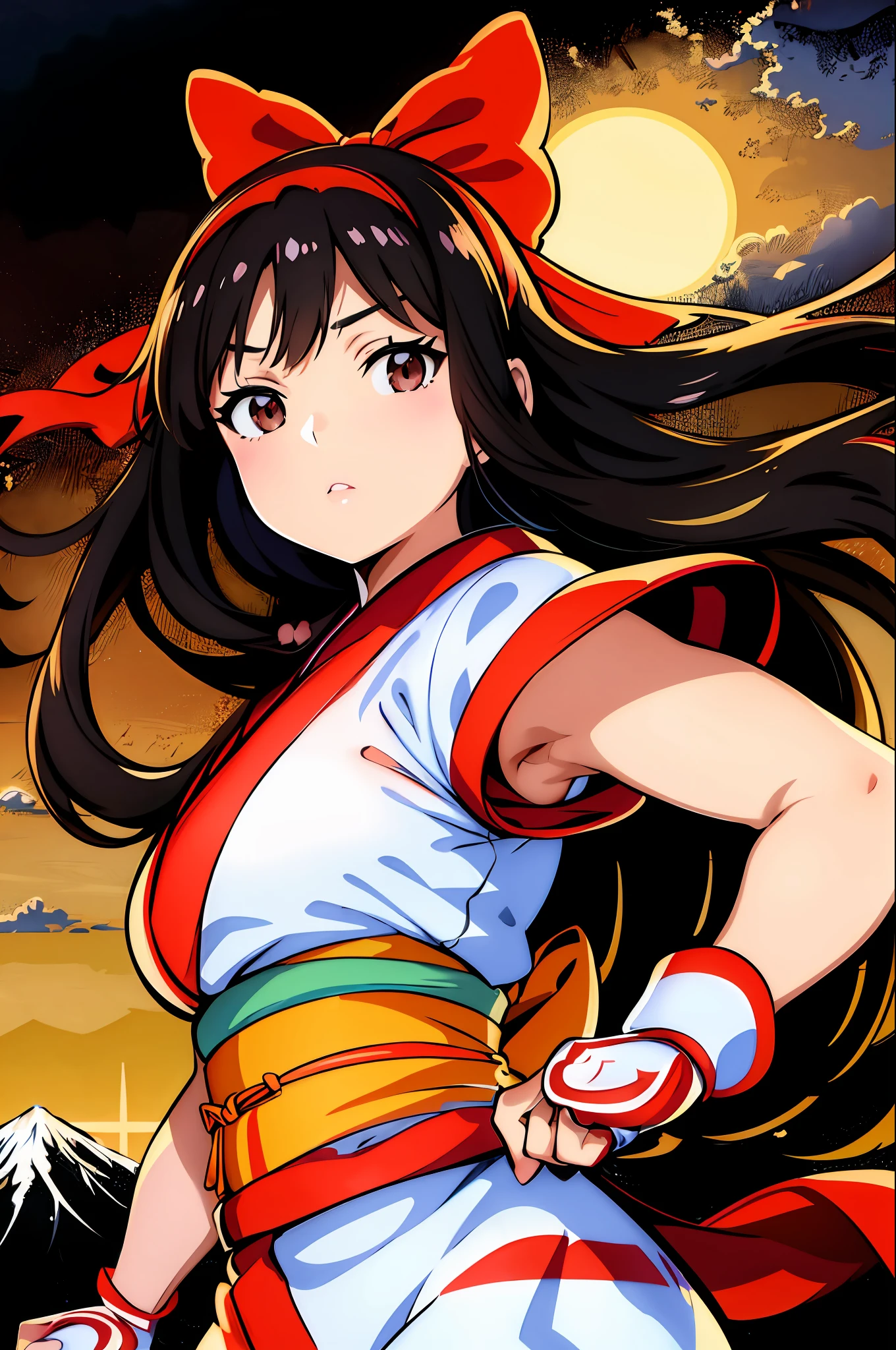 masterpiece, best quality,1girl, red bow, bow, long hair, hair bow, ainu clothes, solo, hairband, bird, black hair, fingerless gloves, short sleeves, gloves, sash, pants, bangs, red hairband, weapon, breasts, brown eyes, white pants, japanese clothes, nakoruru, light smile, officials art, good composition, official pose, detailed portrait, portrait, bokeh, mountain background with cloud, pencil style, traditional brush, samurai, onmyoji style, high resolution, dramatic lighting and shadow, high contrast, sun