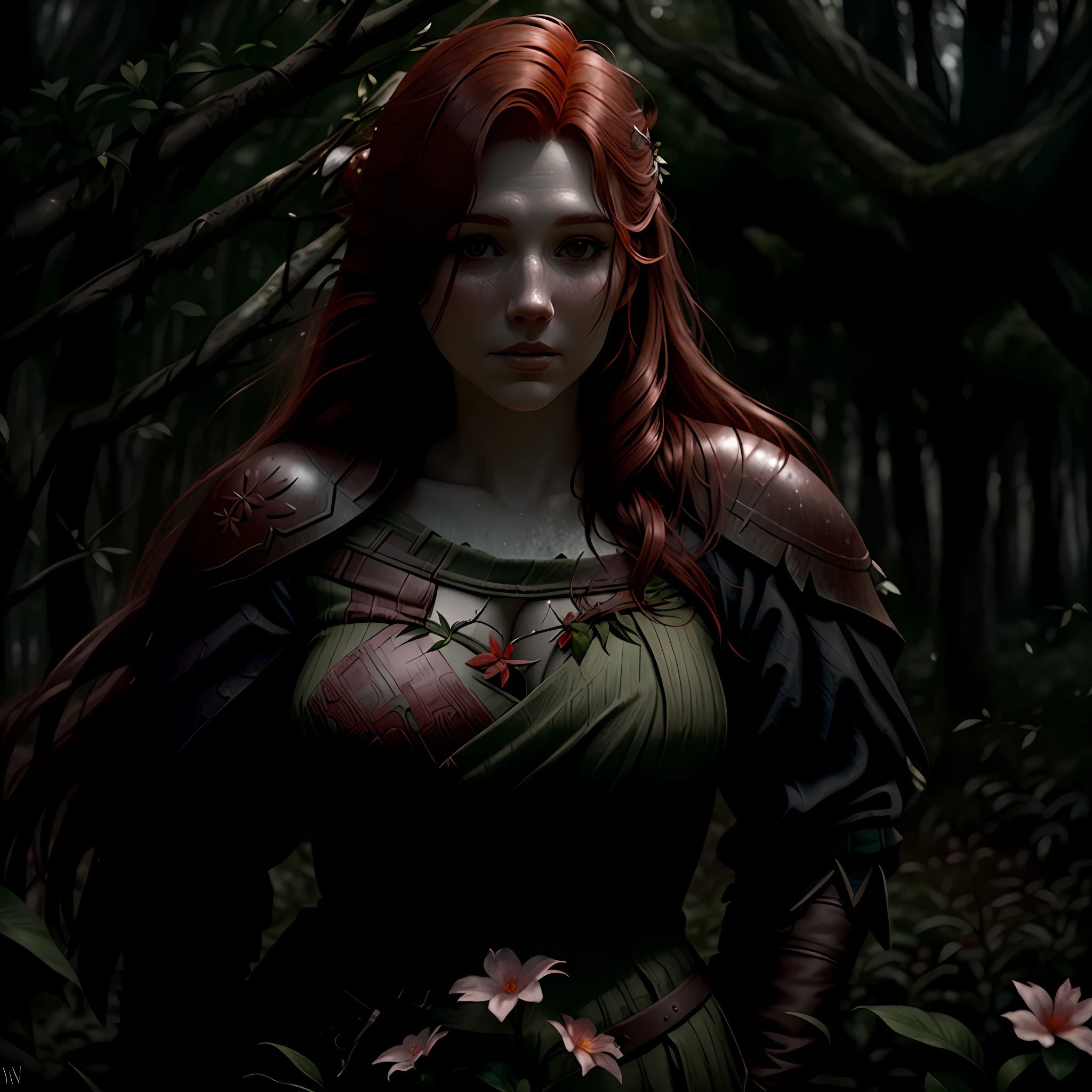 Red-haired woman, third person perspective, viking, medieval, mystical, forest environment, damp plants and flowers, branches, best quality, cinematic focus, perfect lighting, gloomy weather, clear environment