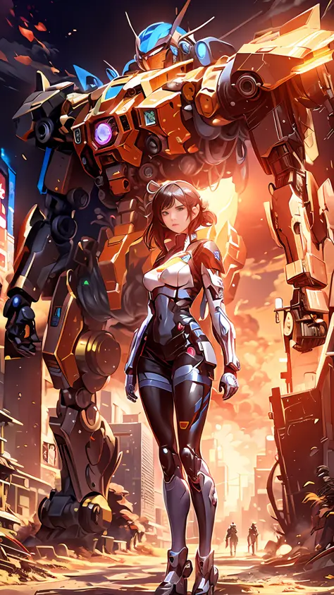 a close up of a woman standing in front of a giant robot, female mecha, cyberpunk anime girl mech, wojtek fus, girl in mecha cyb...