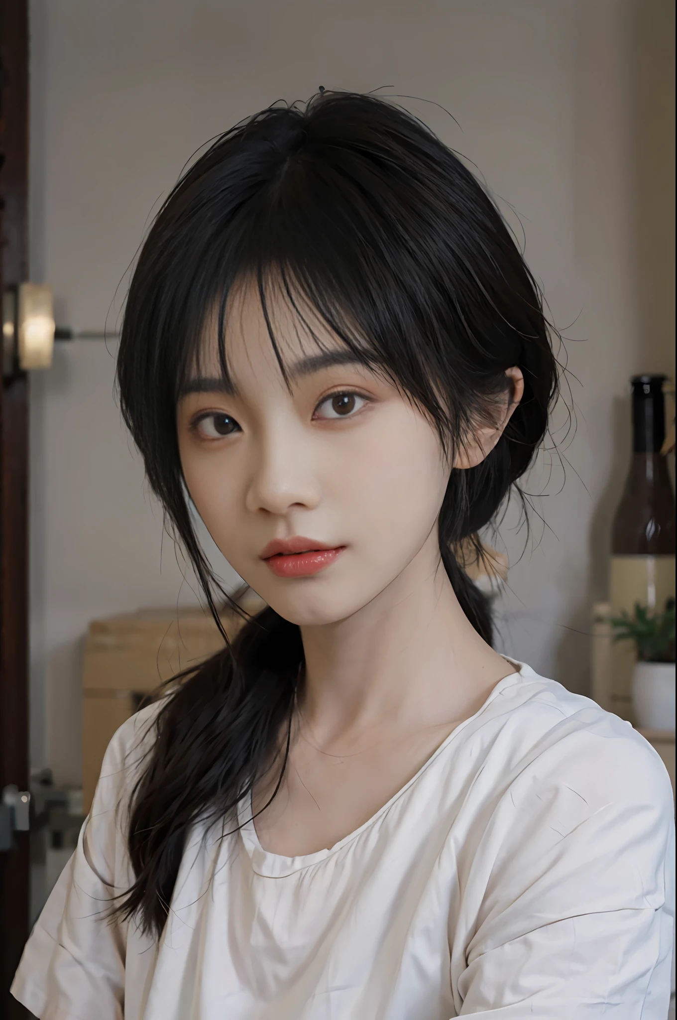 Temperament girl, delicate facial features, bangs, brown ponytail, messy hair, hair is very realistic, wearing a white shirt with short sleeves, the background is the sky, sea view, Du Qiong, exquisite makeup, light red lips, big eyes, double eyelids, black holes, bright eyes, symmetrical face, face is very real, meticulously portrayed the girl's face, blush, super high appearance, looking at the audience, very realistic skin, skin oil reflection, artwork, clothes with real fabric texture, realistic painting, film style, Photography level, ray tracing, realistic light and shadow effects, realism, masterpiece, just like the top photography effect, 8K