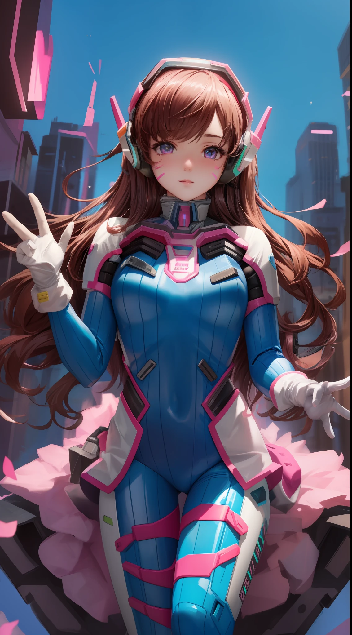 Masterpiece, Best Quality, High Resolution, 1Girl, Ultra High Resolution, Solo, Mech Pilot, D.VA, Headphones, Pink Eyes, Blue Tights, Brown Hair, White Gloves, Face Decoration