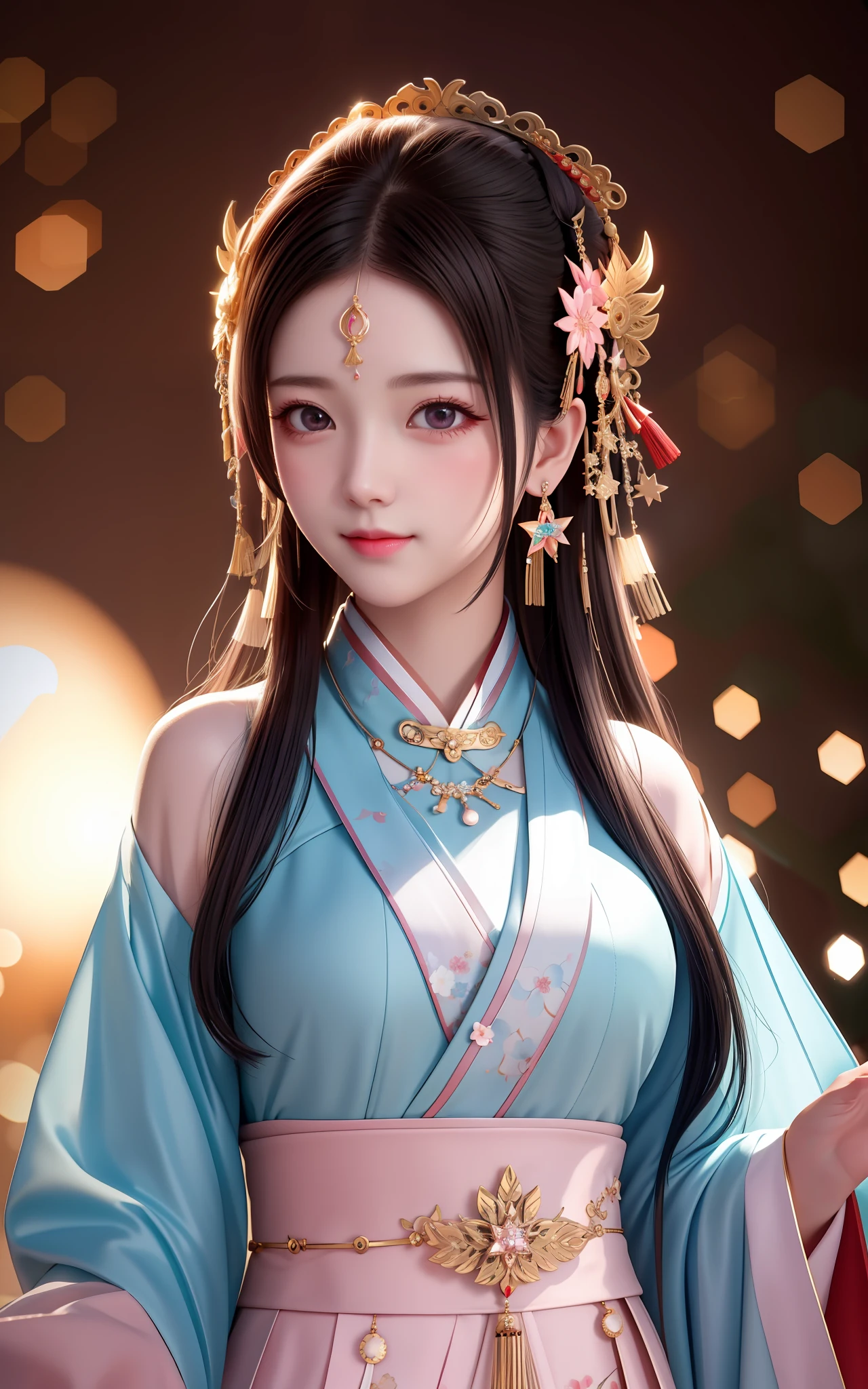 best quality, masterpiece, highres, 1girl,blush,(seductive smile:0.8),star-shaped pupils,china hanfu,hair ornament,necklace, jewelry,Beautiful face,upon_body, tyndall effect,photorealistic, dark studio, rim lighting, two tone lighting,(high detailed skin:1.2), 8k uhd, dslr, soft lighting, high quality, volumetric lighting, candid, Photograph, high resolution, 4k, 8k, Bokeh