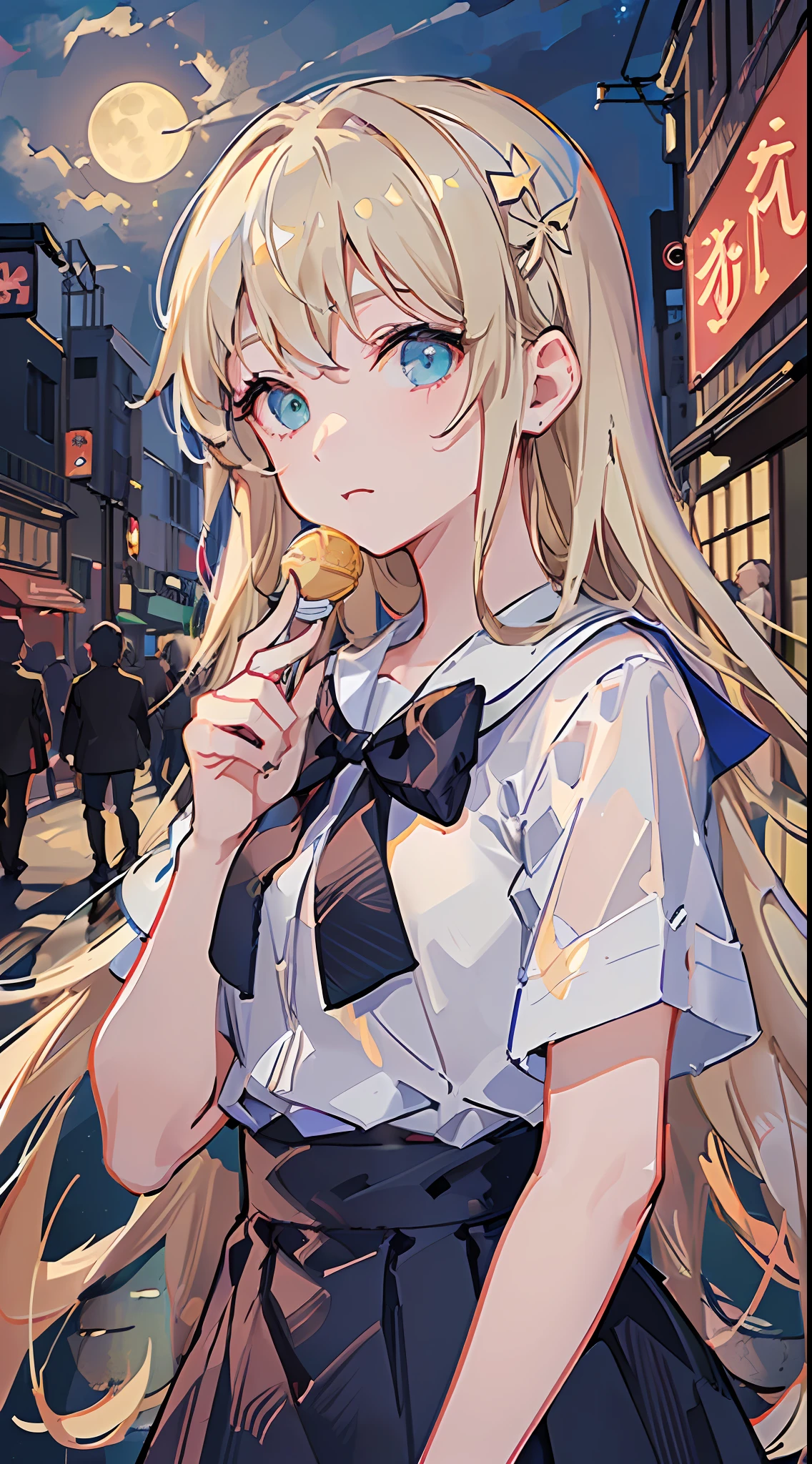 (((masterpiece: 1.5, best quality, high resolution: 1.3, super resolution, super detailed, ultra detailed:1.3, rich background:1.2))), 1girl, solo, green eyes, blonde long hair tied with blue ribbon, blunt bangs, cute hairpin, school uniform, white serafuku, red sailor collar, short sleeves, blue pleated skirt, (outdoor), ((downtown)), (crowd), ((japan vibes: 1.3)), scenery, ((nighttime)), dark, (lowlight: 1.1), moon, (moonlight: 1.2), ((dynamic light: 1.4))