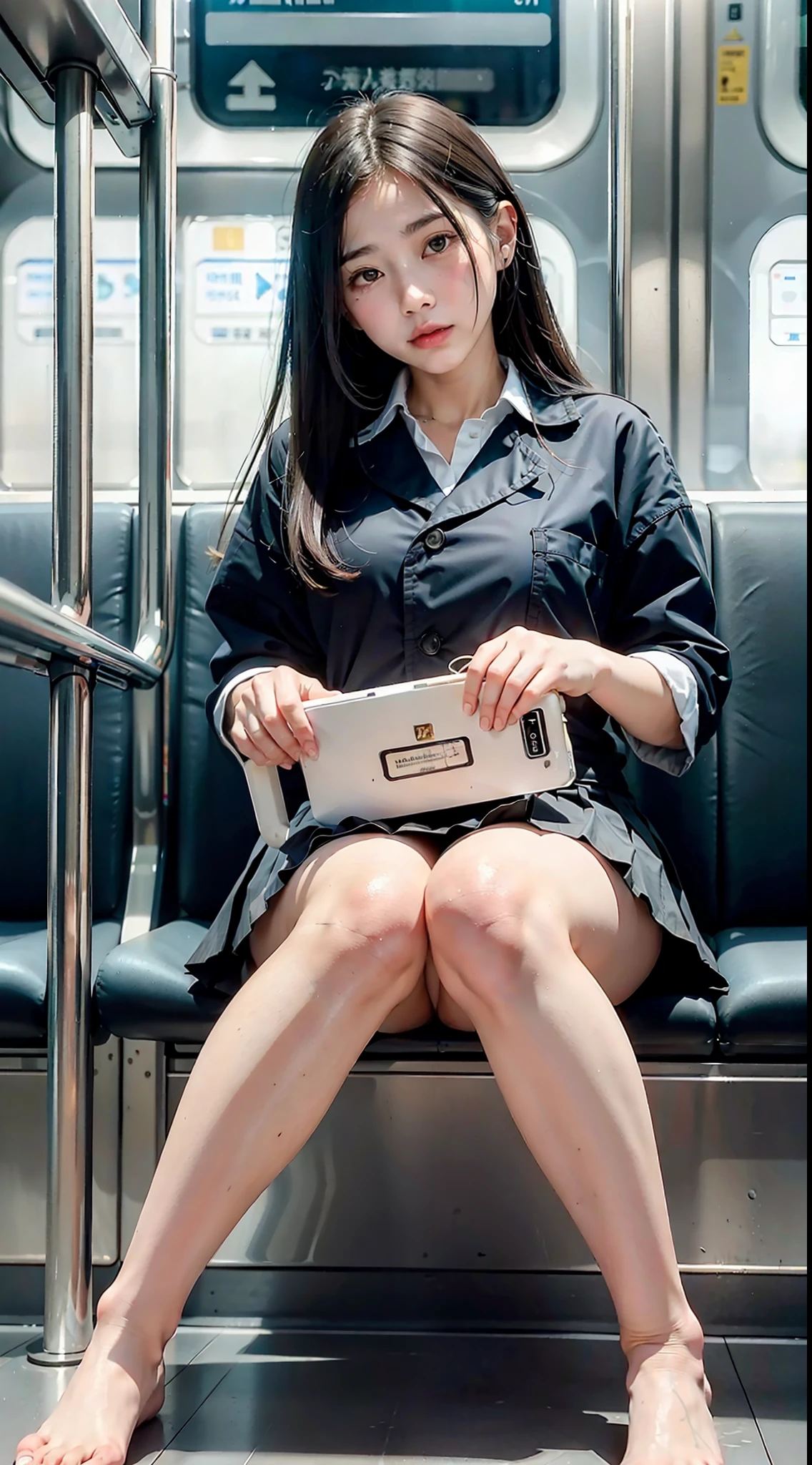 "(Meisterwerk, hochauflösend, Ultra hochauflösend, 4K) schwarzes Haar, 14 Jahre altes japanisches Mädchen, Uniformrock, Betonung der Oberschenkel, weiße Oberschenkel, weiche Oberschenkel, Glänzende Oberschenkel, Sitzen im Zug, Angesichtswinkel, (Winkel von unten),im Zugsitz sitzen,vorne sitzen,Zoomkamera im Schritt,Füße auf dem Zugboden,Ganzkörper,Blick nach unten und schläfrig,nur den Betrachter betrachten", beste Qualität, Ultra-High-Definition, (fotorealistisch:1.4),, Hohe Auflösung, Detail, RAW-Foto, Scharfes Re, Nikon D850 Filmfoto von Lee Jefferies 4 Kodak Portra 400 Kamera f1.6 Linsen satte Farben Hyperrealistisch lebendige Texturen Dramatische Beleuchtung Unreal Engine ArtStation Trends Cinestir 800,