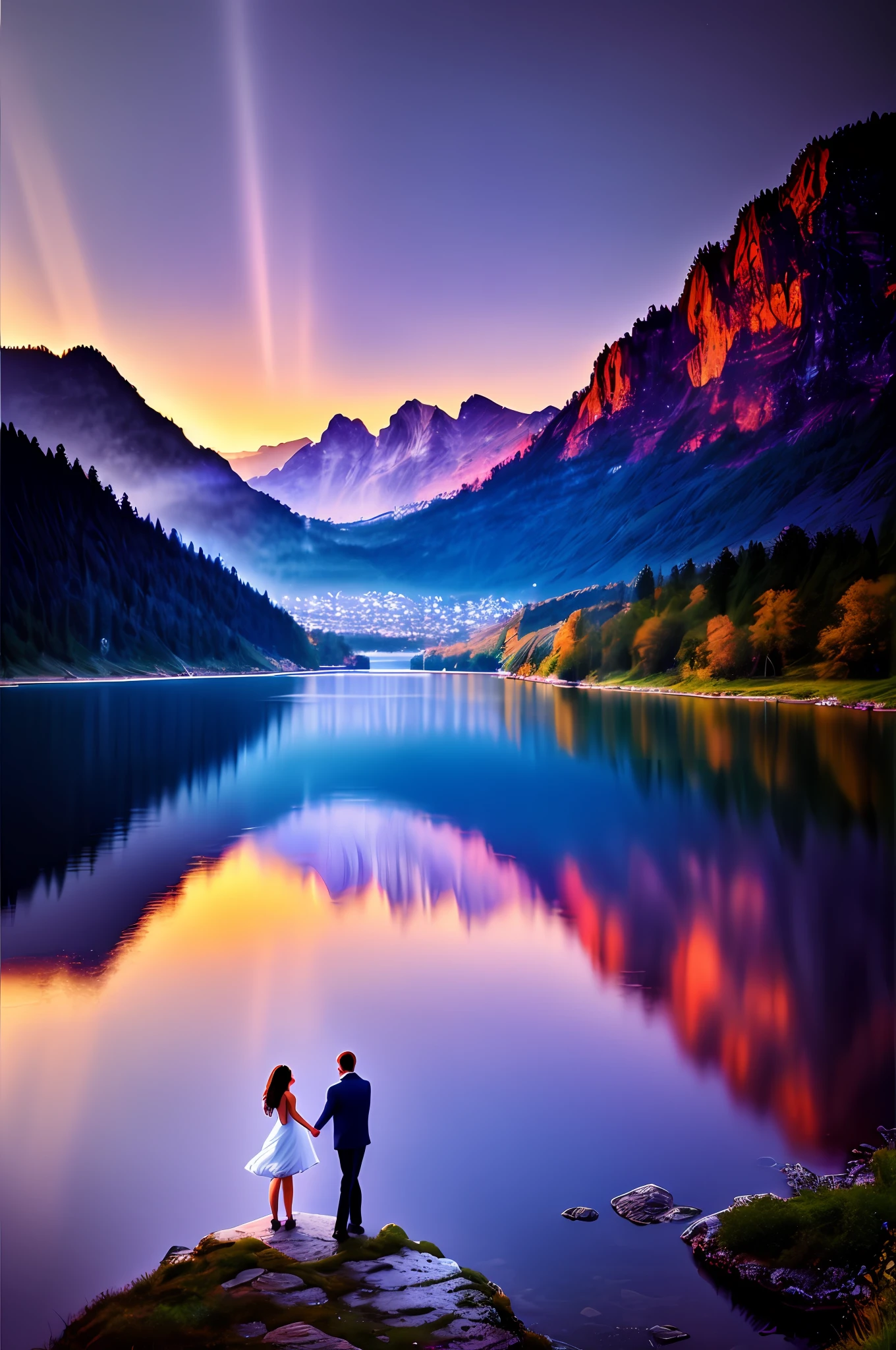 mejor calidad, Resolución Máxima, Súper realista, Súper detallado, Magnífico fondo, impresionantes reflejos de luz, paisaje bellamente iluminado, Colores reflejados en el lago. Una pareja bailando parada sobre una roca frente a un lago, mientras lluvias de corazones caen del cielo.