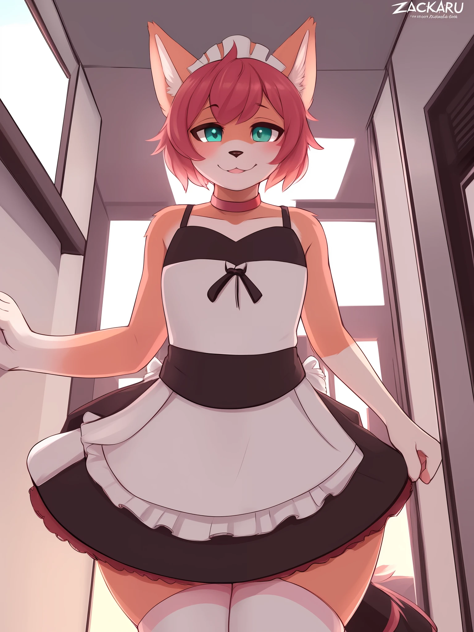 Anime girl in a maid outfit standing in a hallway - SeaArt AI