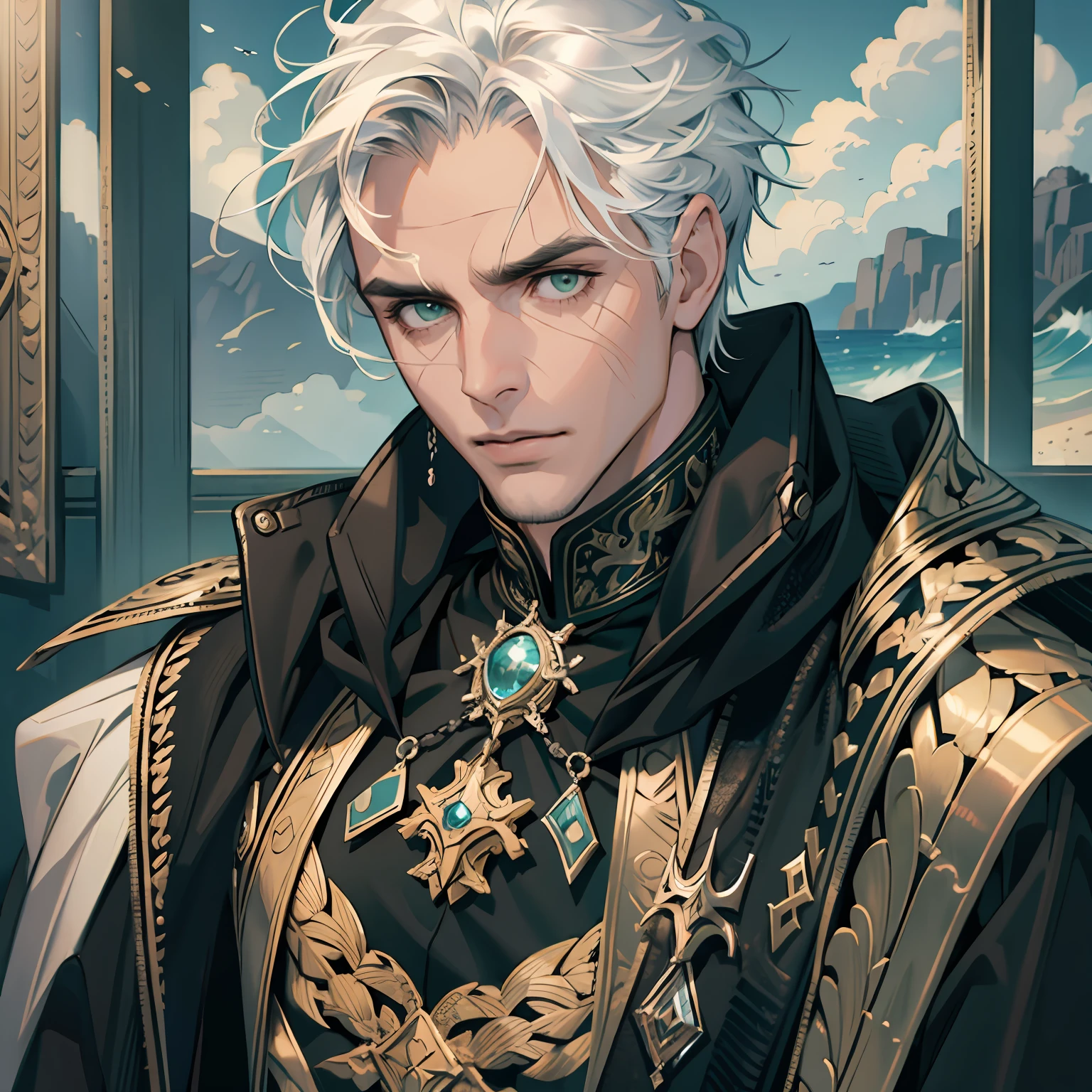 (masterpiece, best quality), 1 man, mature, age above: 1.4, tall and muscular face, broad shoulders, finely detailed eyes and detailed face, extremely detailed CG unit 8k wallpaper, intricate details, fantasy, real, low hair, silver hair, short hair, green eyes, sleeveless blouse and a black cloak, ocean, overcast sky, wave