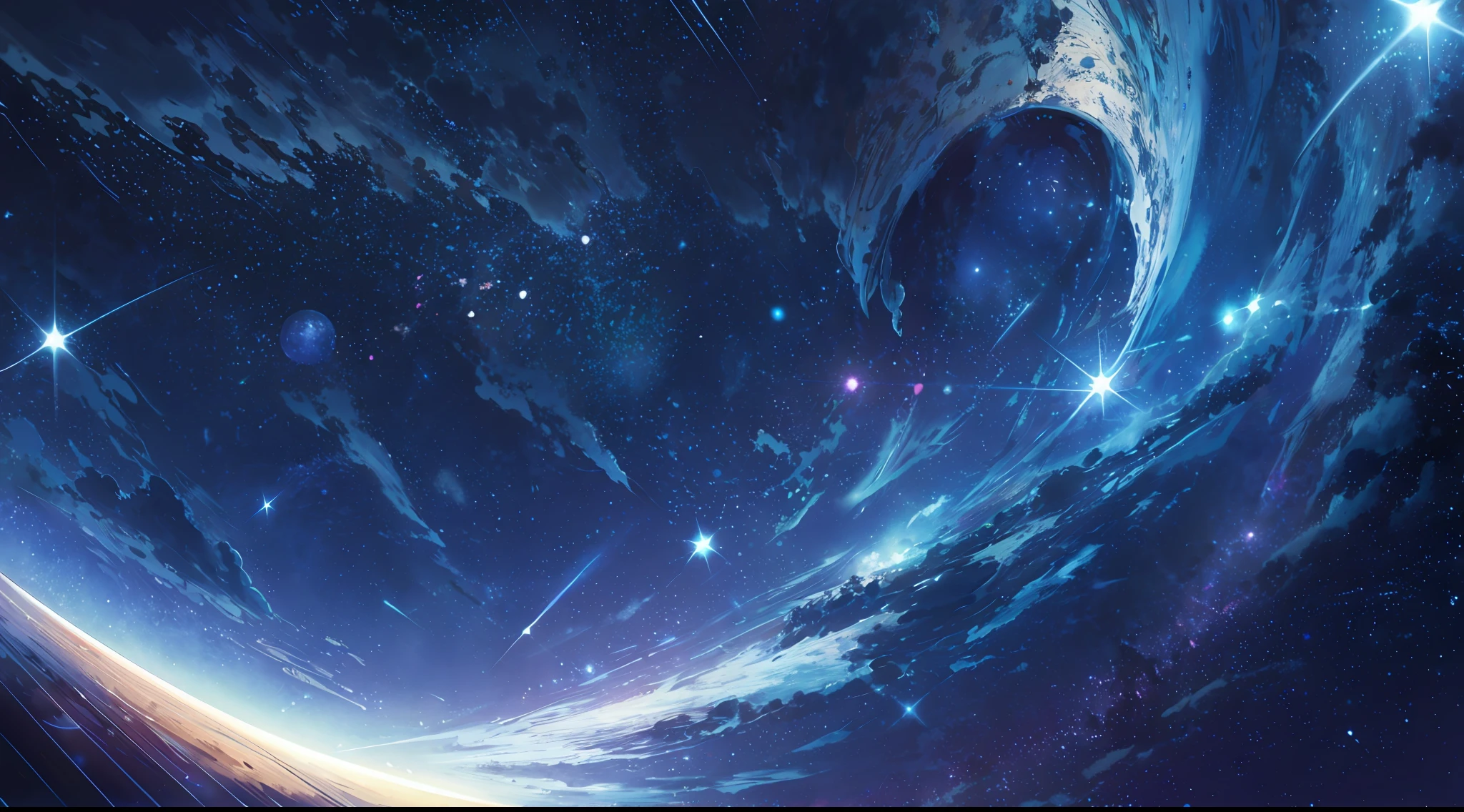 wallpaper, ridiculous resolution, high resolution, (masterpiece:1.4), super detailed, stars, seen from above, space, floating, night, delicate blue loght, --v 6