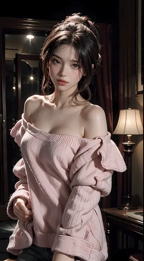 Best Quality, Masterpiece, Ultra High Resolution, (Realisticity: 1.4), Original Photo, 1girl, Pink Off-the-Shoulder, Cinematic Lighting