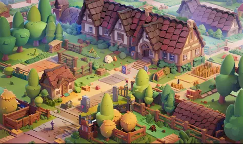 Best quality, masterpiece, cartoon, large farm building, farm fence and crops, brick walls, trees, beautiful dwelling, old design, best quality, 32k --v 6