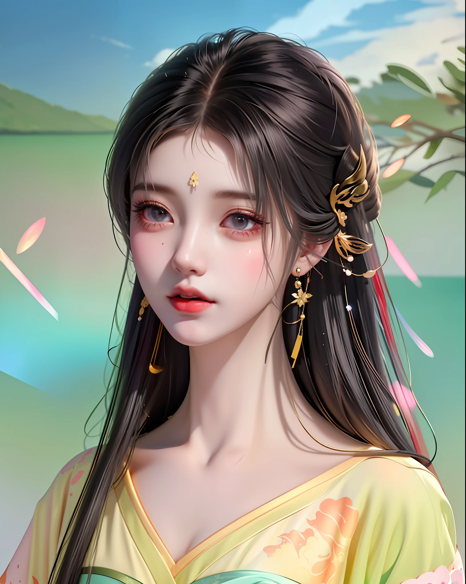 (8k, RAW photo:1.2), best quality, ultra high res,dramatic angle,(fluttered detailed color splashs), (illustration),(((1 girl))),(long hair),(rain:0.9), (头饰:1.4),少女身边有一座古宫,汉服,(重点),彩色水墨画,(泼彩),泼彩,(((colorful))),(素描:0.8) , Masterpiece, best quality, beautiful painted, highly detailed,(denoising:0.6),[splash ink],((ink refraction)), (beautiful detailed sky),moon,highly,detaild,(masterpiece, best quality, extremely detailed） CG unity 8k壁纸，杰作，最好的质量，超详细），（石蒜），