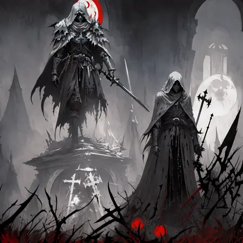 (ashenhard style:1.2),ultra-detailed,highres,intricate detail,(best quality:1.2),(masterpiece:1.2),wallpaper,illustration,original,1boy,knight,death knight,(solo:1.2),full bodys,armor,cloak,crosses, broken lines,full moon, (red moon), planted swords, silho...