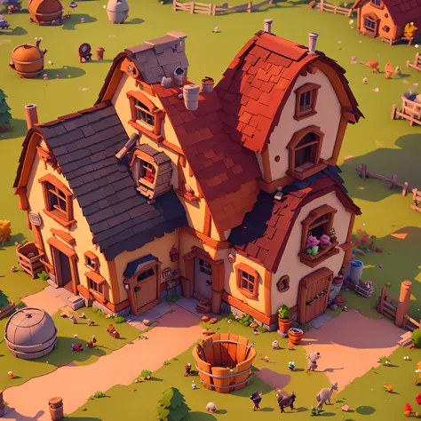 Game architectural design, cartoon, props, farm game, crop, casual game style, warm tones, 3D, blender