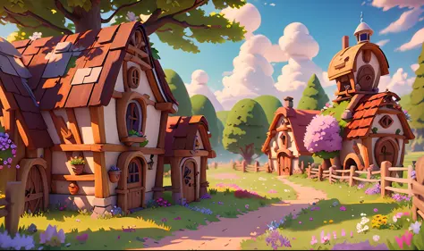 game architectural design, cartoon, farm, crop, wood fence, stone, brick, meadow, flowers, casual play style, 3d, blender, masterpiece, best quality