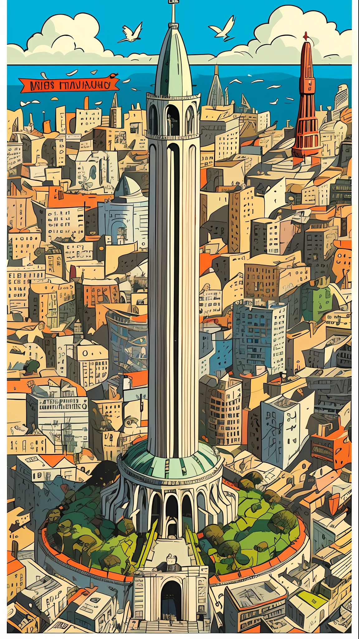 Chaotischer maximalistischer Coit Tower in San Francisco, Vogelperspektive und fliegende Gastlis, illustriert von herg, Zinn Zinn, Federzeichnung im Comic-Stil