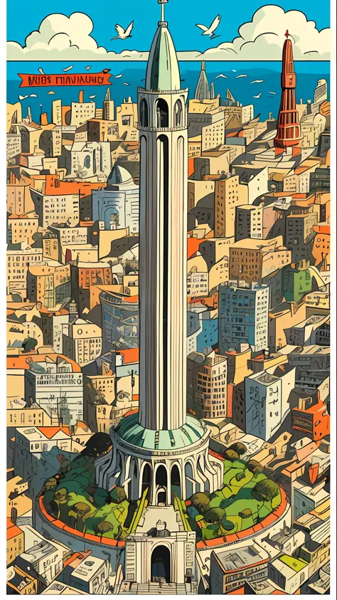 Chaotic maximalist San Francisco coit tower, bird's eye view and flying gastlis, illustrated by Herg, tin tin, pen-and-ink comic...
