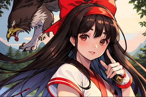 masterpiece, best quality,1girl, red bow, bow, long hair, hair bow, ainu clothes, solo, hairband, bird, black hair, fingerless g...