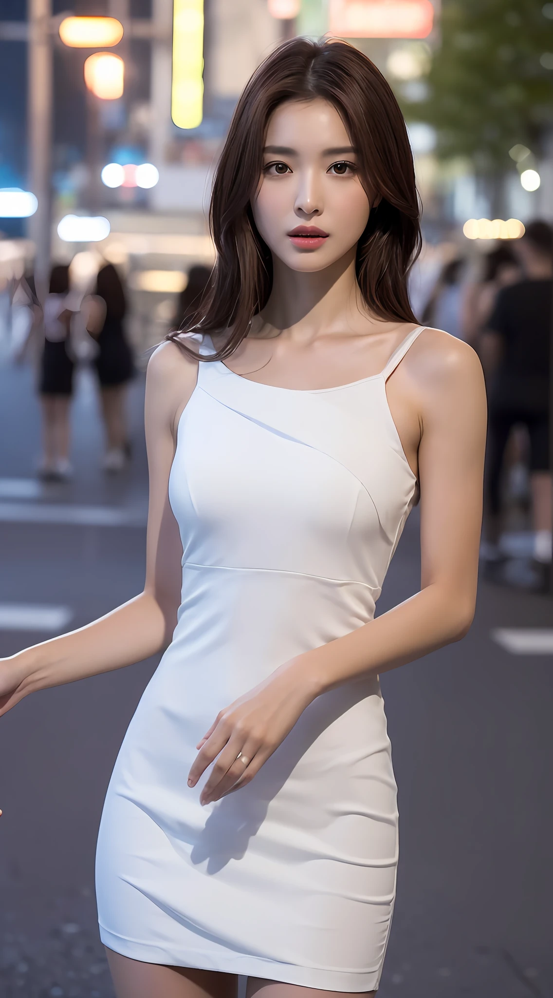 ((Realistic lighting, Best quality, 8K, Masterpiece: 1.3)), Clear focus: 1.2, 1girl, Perfect body beauty: 1.4, Slim abs: 1.1, ((dark brown hair)), (White dress: 1.4), (Outdoor, night: 1.1), City Street, Super Fine Face, Fine Eyes, Double Eyelids, (Over the knee black stockings: 1.5)