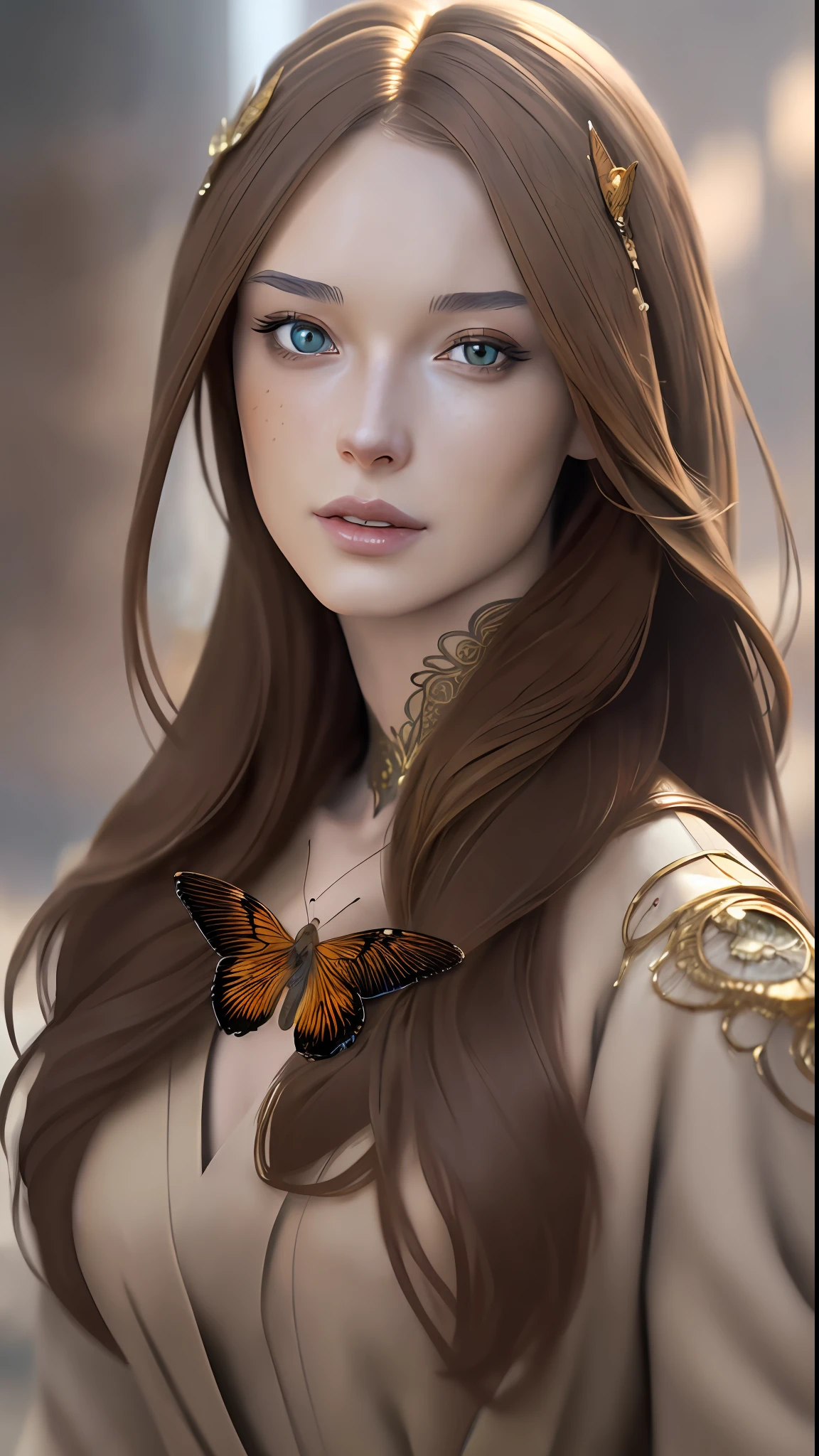 8k portrait of beautiful cyborg with brown hair, intricate, elegant, highly detailed, majestic, digital photography, art by artgerm and ruan jia and greg rutkowski surreal painting gold butterfly filigree, broken glass, (masterpiece, sidelighting, finely detailed beautiful eyes: 1.2), hdr,