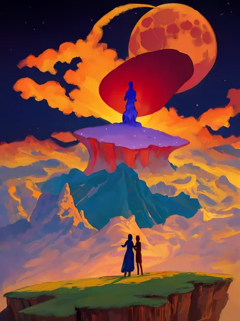 a painting of two people standing on top of a hill doing a ritual of spirit with a giant moon in the background and a night illu...