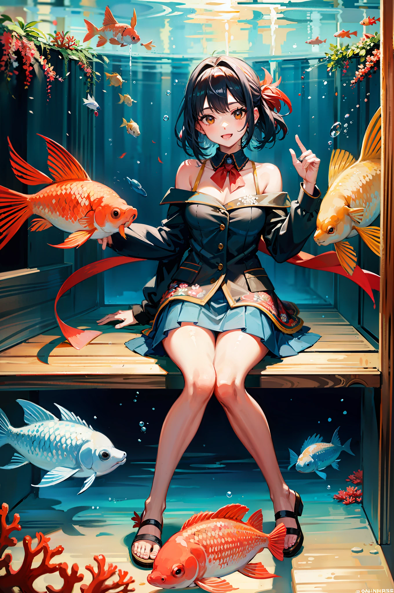 [(1girl:2), sitting in wooden bench::5], underwater, bubbles, large aquarium, sea world, group carp, koi fish:1.4, coral reef, coral, reef, (simple), colorful, interior:1.2, Play, Have Fun