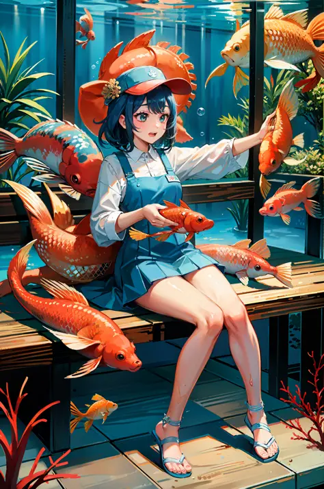 [(1girl:2), sitting in wooden bench::5], underwater, bubbles, large aquarium, sea world, group carp, koi fish:1.4, coral reef, c...