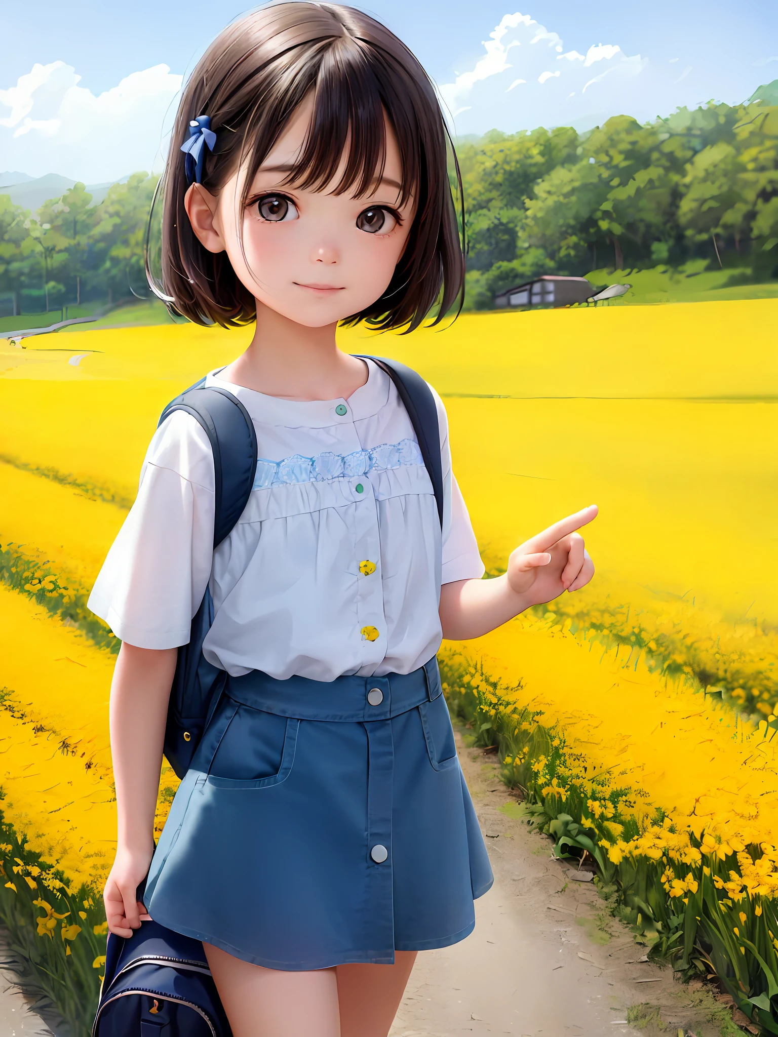 An incredibly charming  carrying a backpack, accompanied by her adorable puppy, enjoying a lovely spring outing surrounded by beautiful yellow flowers and natural scenery. The illustration is in high definition at 4k resolution, with highly-detailed facial features and cartoon-style visuals.