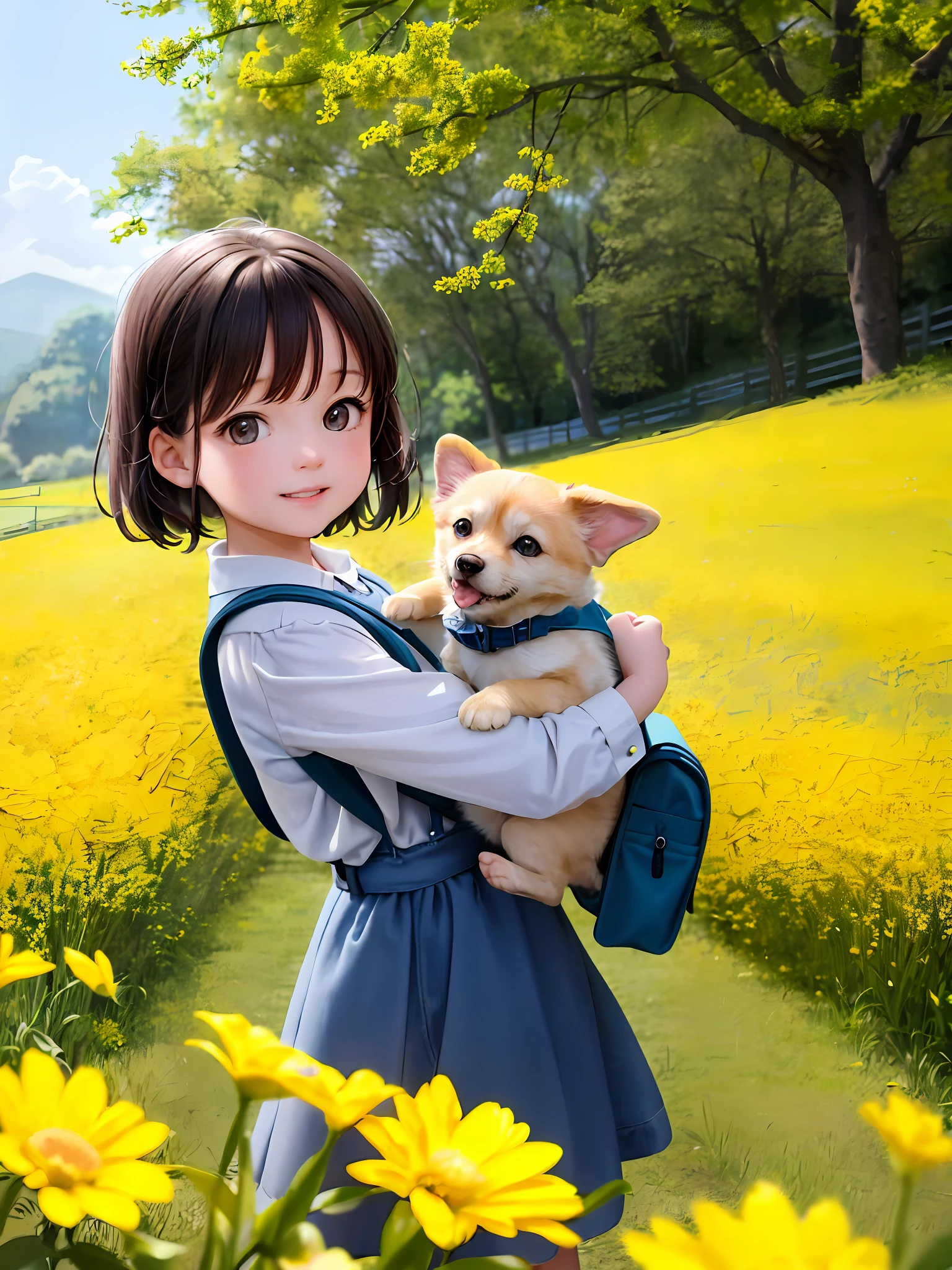 An incredibly charming little girl carrying a backpack, accompanied by her adorable puppy, enjoying a lovely spring outing surrounded by beautiful yellow flowers and natural scenery. The illustration is in high definition at 4k resolution, with highly-detailed facial features and cartoon-style visuals.