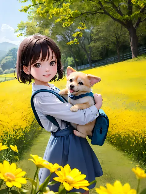 An incredibly charming little girl carrying a backpack, accompanied by her adorable puppy, enjoying a lovely spring outing surro...