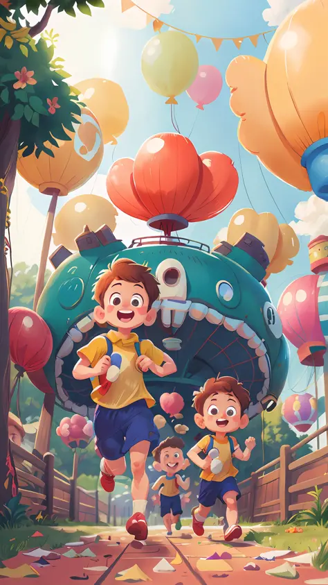 Two running boys, amusement park, holding balloons, happy, happy, perfect quality, clear focus (clutter - home: 0.8), (masterpiece: 1.2) (Realistic: 1.2) (Bokeh) (Best quality) (Detailed skin: 1.3) (Intricate details) (8K) (Detail Eyes) (Sharp Focus), (Happy)