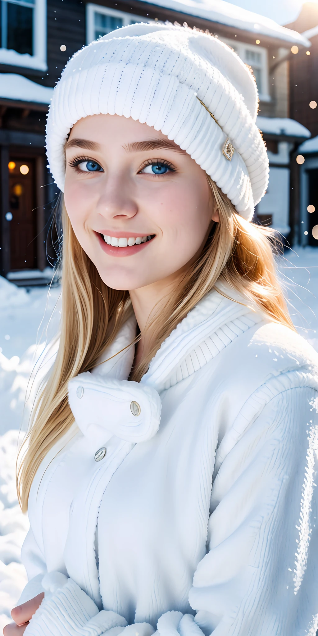 FRW, Very detailed CG Unity 8k wallpaper, a cute 18-year-old cute blonde Polish woman, a beautiful girl, a wonderful goddess, hot maiden, big breasts, blue eyes, pale skin (a masterpiece, beautiful person, well detailed face polluted smile, photorealistic, hyperrealistic), white cold clothes, fuzzy white cap, white blouse, wearing white gloves, rubbing hands warming up in a snowy street (blue open sky),  and smiling (light lighting).