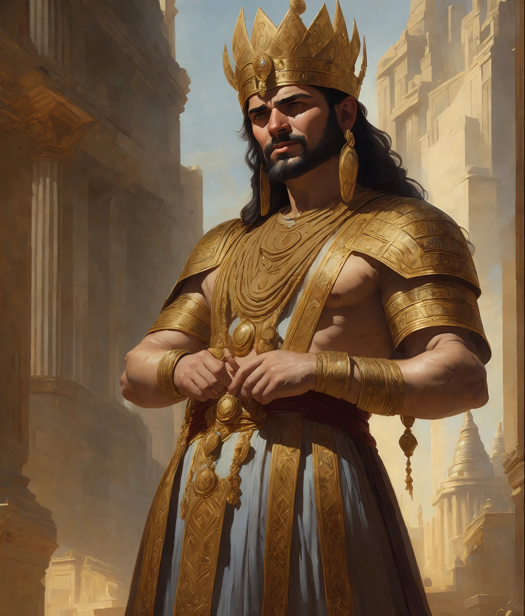 Wide profile Angle of (((one))) character (((man)) in (((front view)))), Sumerian king wearing royal headdress, ornate jewelry and symbols of royalty that must be rendered with fine detail, Capture the essence of Sumerian civilization in the background with symbolic motifs and architectural elements, digital painting by Jeremy Lipking, by Antonio J. Manzanedo, Alphonse Mucha, Fuller Graves,  Bartolome Esteban Murillo, JC Leyendecker, Craig Mullins, Peter Paul Rubens detailed painting, CGSetivity, ArtStation HD, high detail, Photorealism, Concept Art, ArtStation HD, official art, trend in artstation.