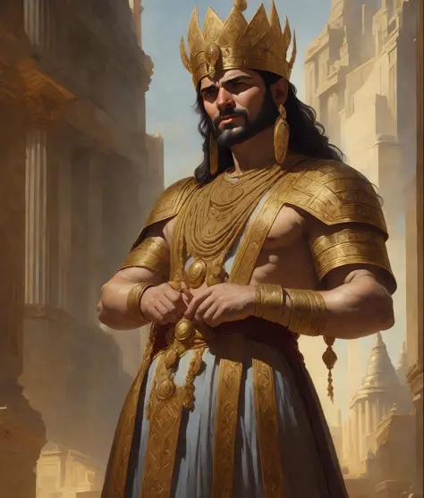 wide profile angle of (((one))) character (((man)) in (((front view)))), sumerian king wearing royal headdress, ornate jewelry a...