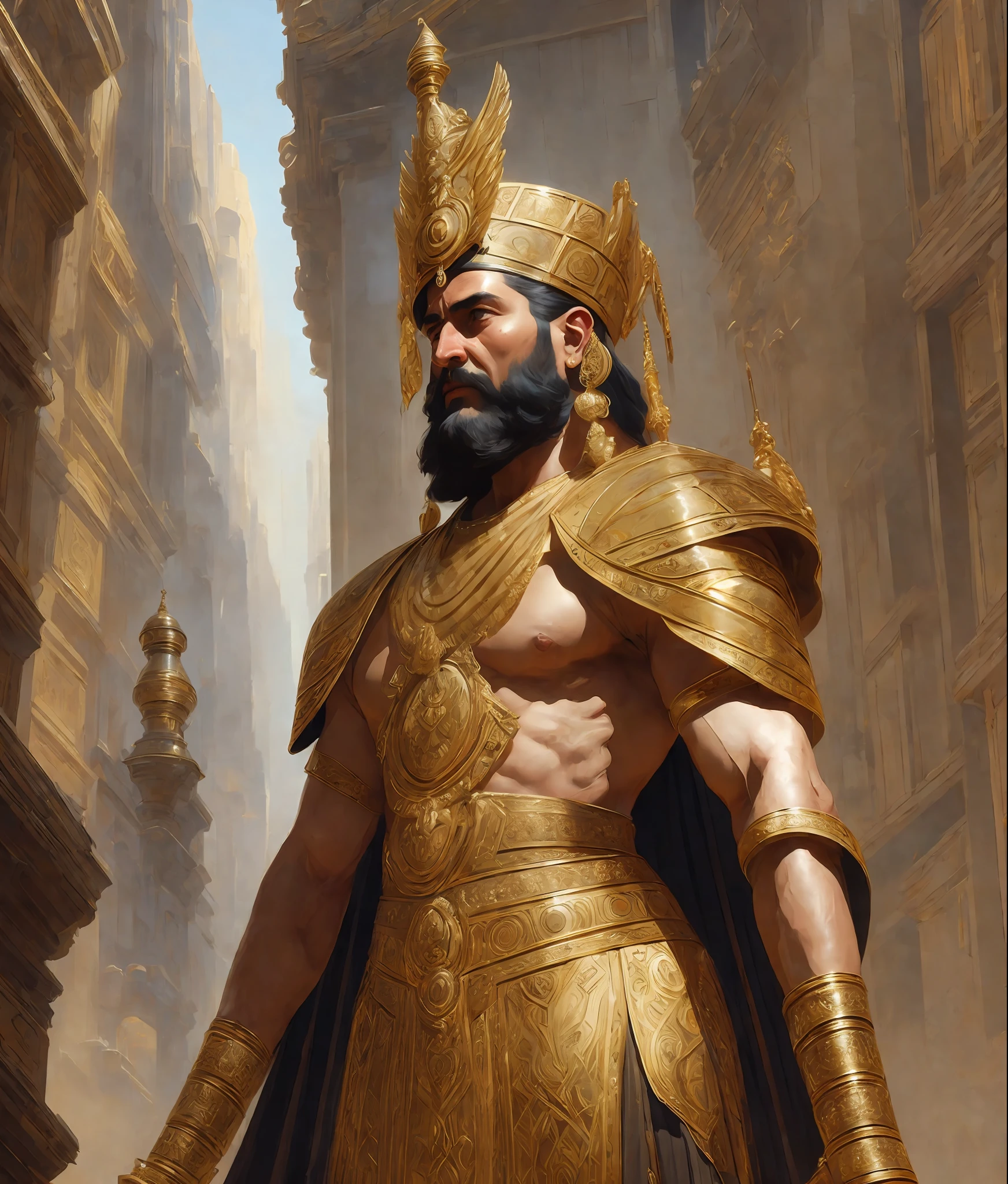 Wide profile Angle of (((one))) character (((man)) in (((front view)))), Sumerian king wearing royal headdress, ornate jewelry and symbols of royalty that must be rendered with fine detail, Capture the essence of Sumerian civilization in the background with symbolic motifs and architectural elements, digital painting by Jeremy Lipking, by Antonio J. Manzanedo, Alphonse Mucha, Fuller Graves,  Bartolome Esteban Murillo, JC Leyendecker, Craig Mullins, Peter Paul Rubens detailed painting, CGSetivity, ArtStation HD, high detail, Photorealism, Concept Art, ArtStation HD, official art, trend in artstation.