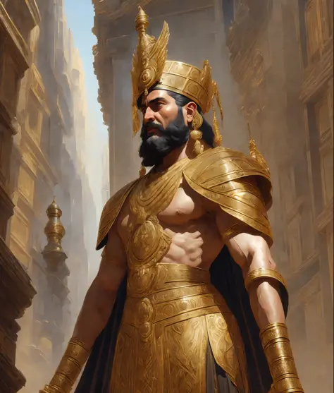 wide profile angle of (((one))) character (((man)) in (((front view)))), sumerian king wearing royal headdress, ornate jewelry a...