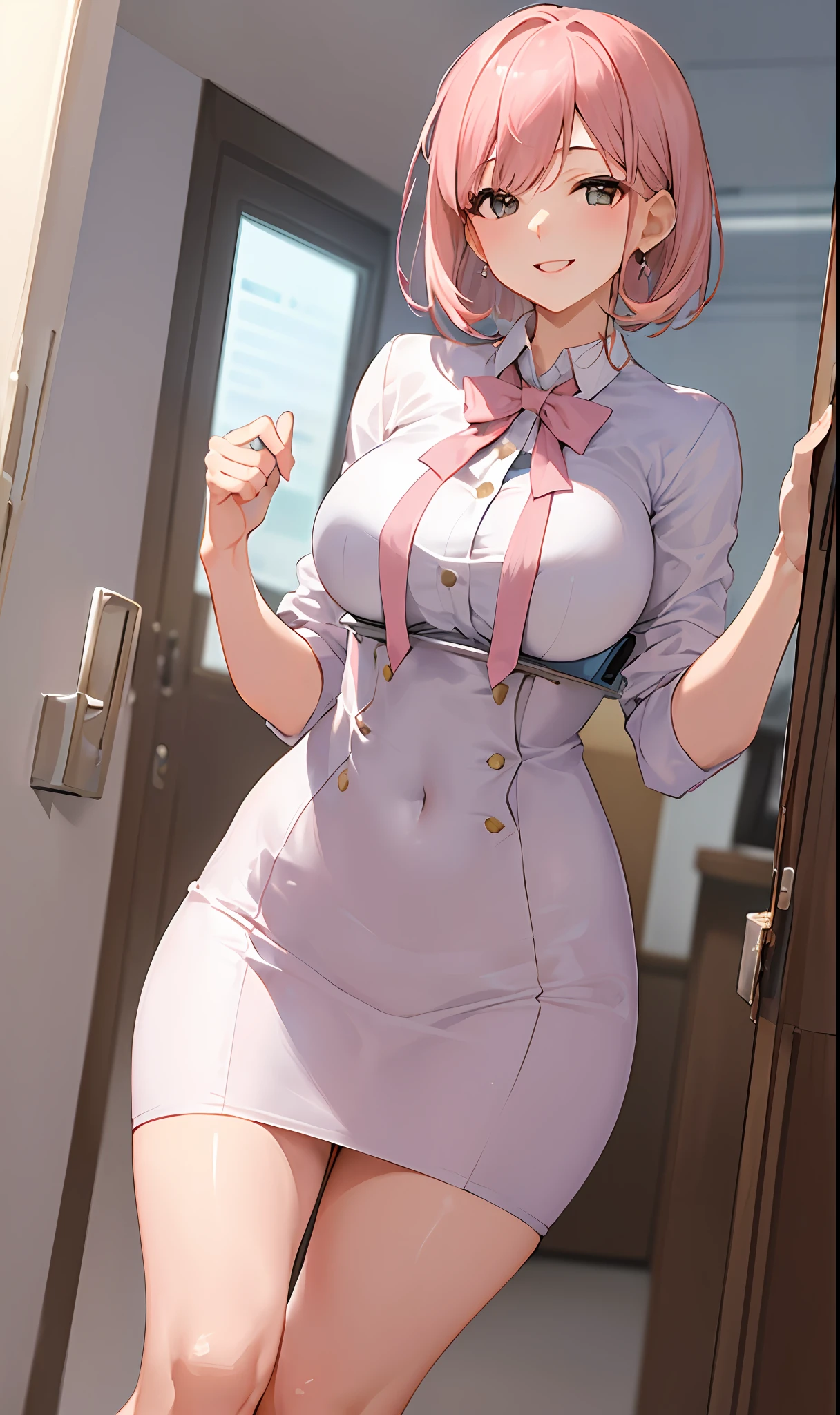 ((masterpiece, best)), (1girl), (mature woman), light pink hair, trumpet, ((office lady), bangs, mid-breasted, (full), slim, smile, [wide hips], office, standing, aru \ (blue file),