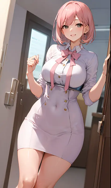 ((masterpiece, best)), (1girl), (mature woman), light pink hair, trumpet, ((office lady), bangs, mid-breasted, (full), slim, smi...