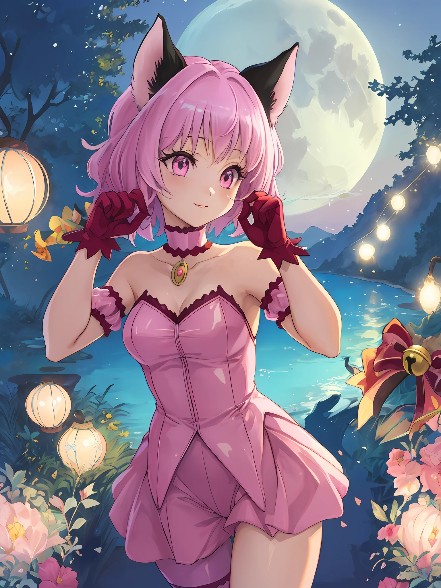 "(extremely detailed CG unity 8k wallpaper, masterpiece, best quality, ultra-detailed),(best illumination, best shadow, an extremely delicate and beautiful), floating, dynamic angle, a gorgeous cat girl with pink hair wearing a beautiful pink dress, a choker, a tail ornament, a tail bow, detached sleeves, gloves, and a cat tail with a tail bell, night, full moon, sexy pose, female, anthropomorphic cat