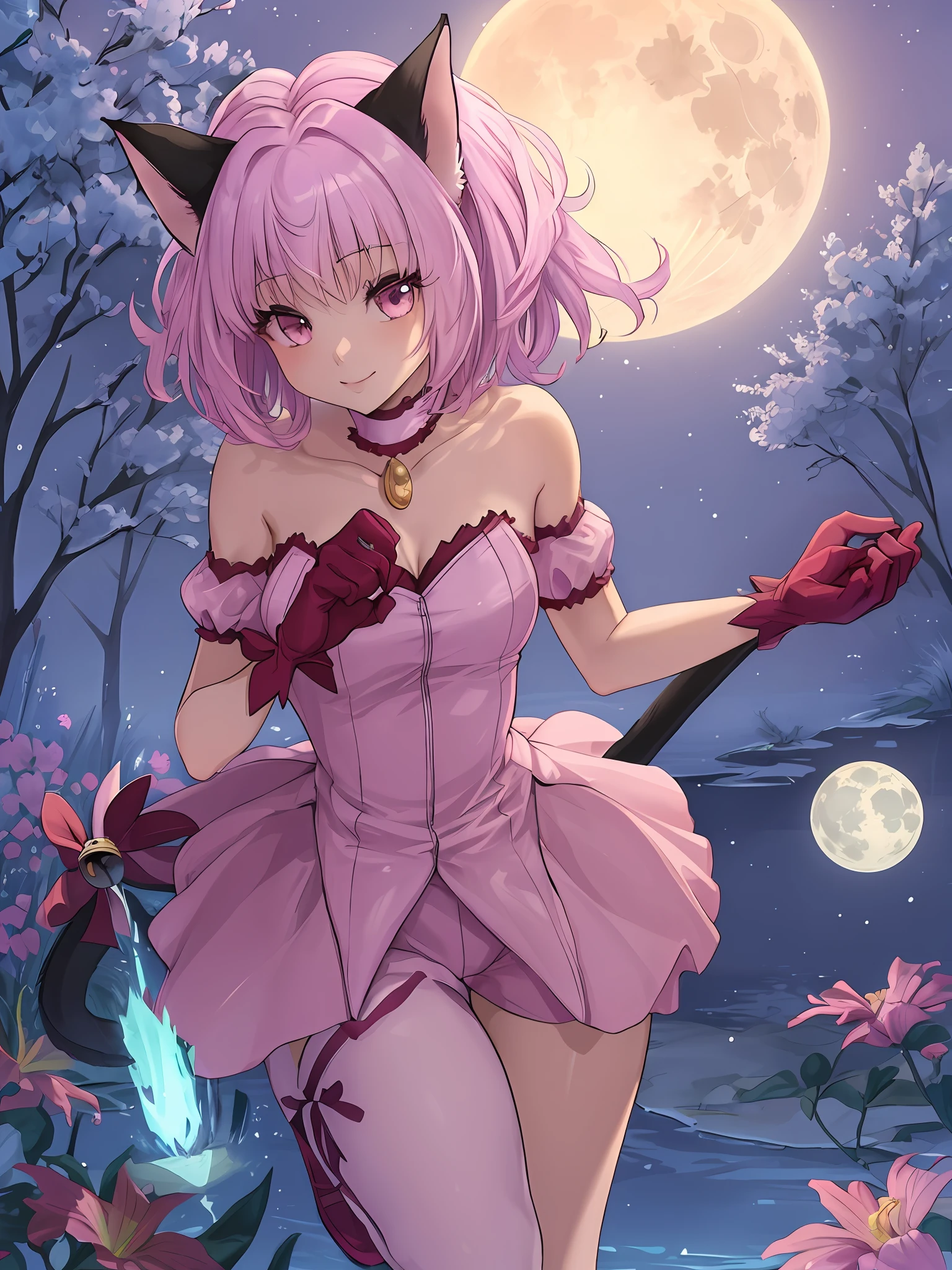 "(extremely detailed CG unity 8k wallpaper, masterpiece, best quality, ultra-detailed),(best illumination, best shadow, an extremely delicate and beautiful), floating, dynamic angle, a gorgeous cat girl with pink hair wearing a beautiful pink dress, a choker, a tail ornament, a tail bow, detached sleeves, gloves, and a cat tail with a tail bell, night, full moon, sexy pose, female, anthropomorphic cat