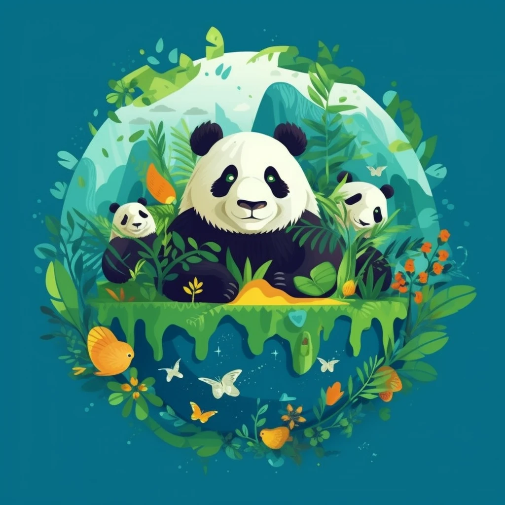 地球日海报, 平面插图, 超可愛的中國大熊貓吃竹子和老虎, 狮子, elephant in 绿色的 spherical earth, 树木, 花朵, 風景, 蓝色的, 绿色的, 黄色的, 簡單的背景, 中心构图, 鲜艳的色彩, 明暗对比, 超高细节, 4K, 平面插图
