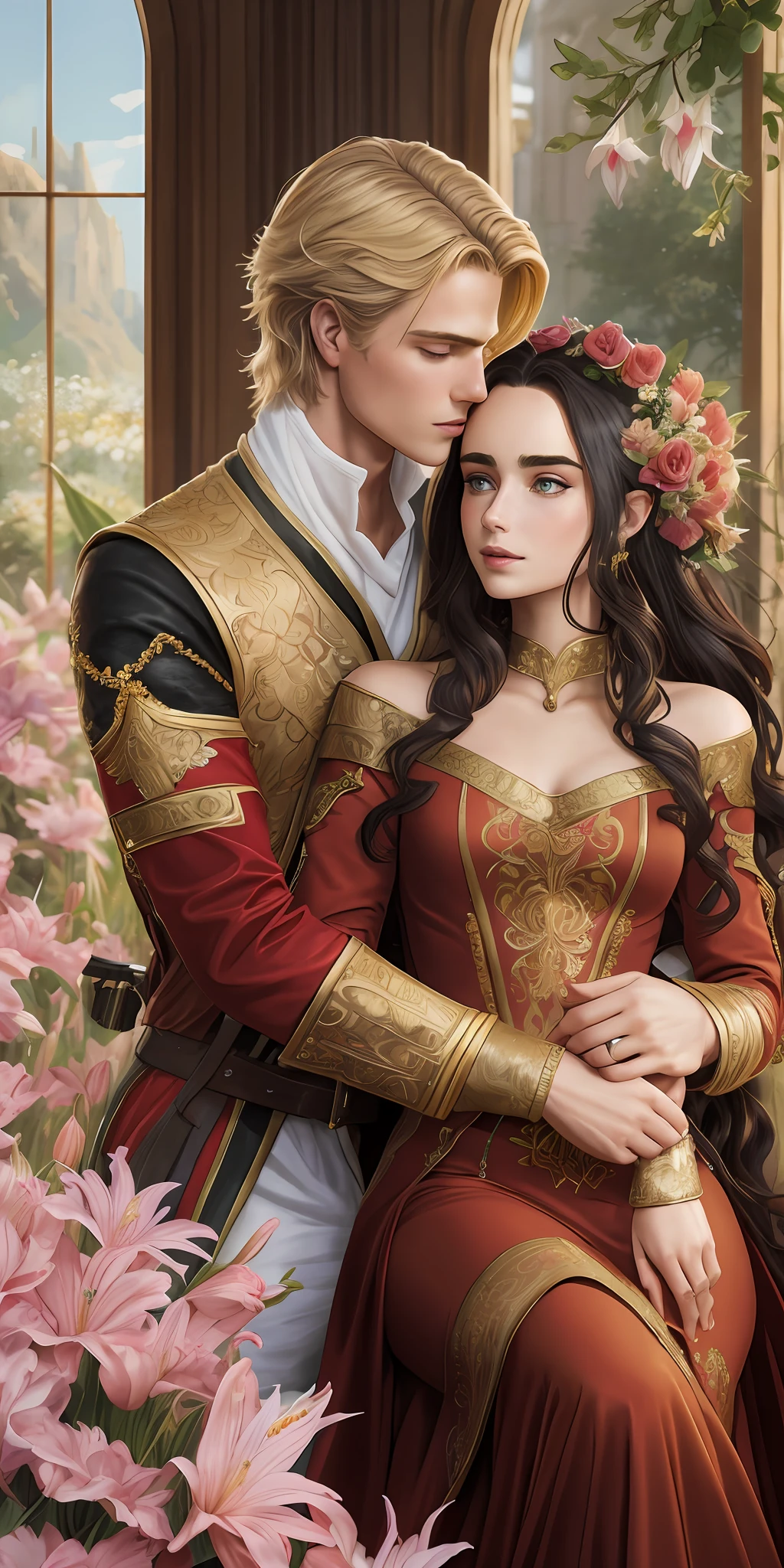ニールス・ヴィッサーは金色の髪を持つ王子様です, 中世の軍服を着て、平民のリリー・コリンズに恋をしている, 黒い巻き毛を持ち、シンプルな赤いドレスを着ている, 二人はとても愛情深くキスをした, ロマンス小説の表紙のイラスト。, 花でいっぱいの柔らかく明るい背景,  モデル撮影スタイル, (非常に詳細な CG 8K 壁紙), 世界で最も美しいアートワークの全身写真, プロフェッショナルな雄大な油絵, アート：グレッグ・ヒルデブラント, 劉 智恵, ステパン・セジッチ, 三陽, アイクット・アイドグドゥ, ジャスティン・ジェラルド, アルフォンス・ミュシャ, アートジェルム, WLOPとグレッグ・ルトコウスキー