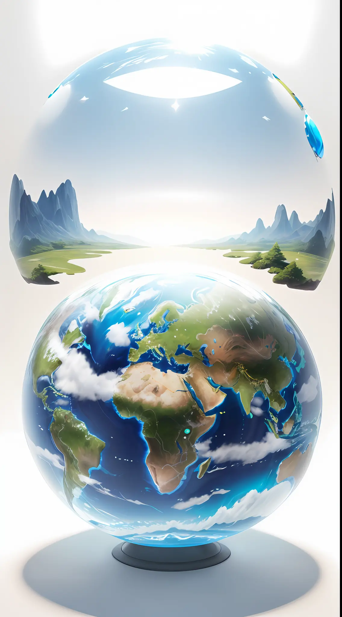 Earth Day poster, ((Spherical Earth, transparent plastic, optics, surreal, magic, fantasy, composition, bright, light fluorescence, ultra-detaile, trend in artstation, octane rendering,))), futuristic, plants, Floral,, blue, green, translucent, white backg...