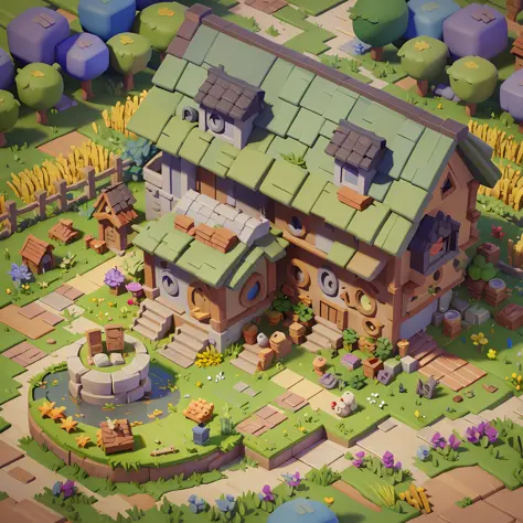 Game architecture design, cartoon, farm, stone, brick, grass, river, flowers, vegetables, wheat, trees, animals, casual play style, 3d, blender, masterpiece, super detail, best quality