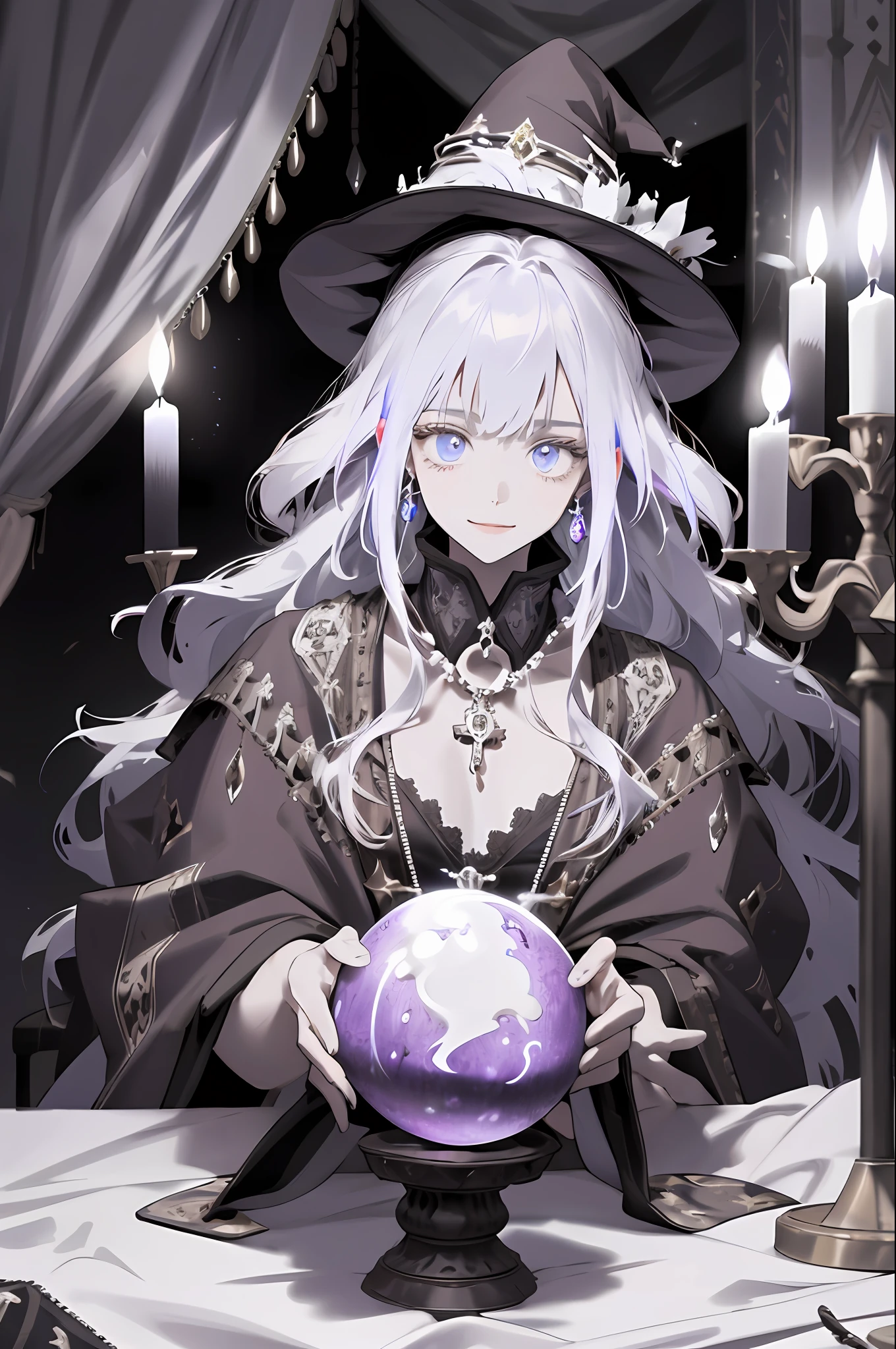 (high resolution, super detailed), 1 girl, extremely detailed eyes, colorful, highest detail, portrait, looking at the audience, solo, (full body: 0.6), detailed background, close-up, (high fantasy medieval theme: 1.1), witch, delicate hat, mysterious smile, foreboding, sitting at the table, colorful witch robe clothes, metal trimmed clothes, jewelry, amulet, horoscopes, holding a suspended magic ball, slight magic cloud special effects, (melting candle on the table: 0.8), Medieval (Castle Interior: 1.1) background, curtains in the background, dark mysterious lights, shadows, magical atmosphere