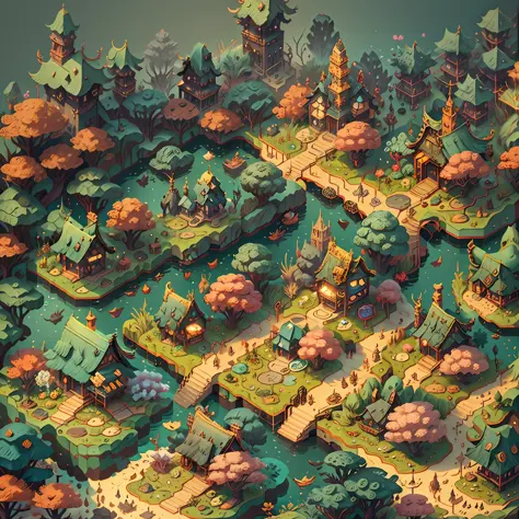 top down flat view, fantasy world 3d map rendered by Cinema4D, isolated on gradient background, Game architecture design, cartoon, some small houses, farms, barracks, warehouses, flower houses, 3d, blender, masterpiece, super detail, best quality, --v6