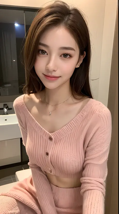 ((Night, Realistic Light, Best Quality, 8K, Masterpiece: 1.3)), 1girl, Slim Beauty: 1.4, Abs: 1.1, (Brown hair, Medium breasts: 1.3), Long pink sweater: 1.1, Bathroom, Super fine face, Delicate eyes, Double eyelids, smile, necklace