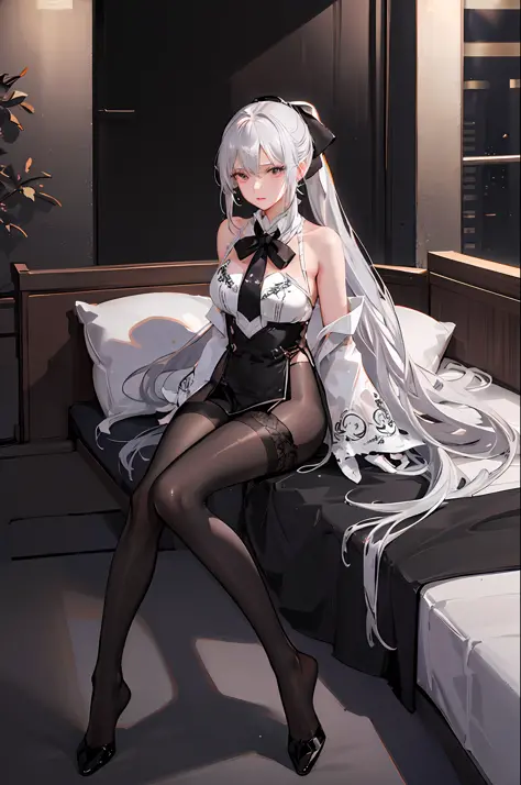 (((1 girl)),ray tracing,(dim lighting),[detailed background (bedroom)),((silver hair)),((silver hair)),(Fluffy silver hair, plump slender girl)) with high ponytail)))) Avoid blonde eyes in the ominous bedroom ((((Girl wears intricately embroidered black high-waisted pants with pantyhose) and white ruffled bow gloves), showing a delicate slim figure and graceful curves, correct limbs, sitting on the bed
