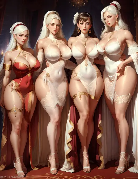masterpiece, highest quality, (perfect face:1.1) , (high detail:1.1), dramatic, female triplets, breasts, white hair, red eyes, ...