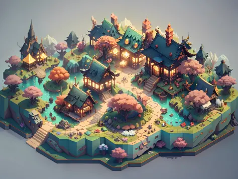 top down flat view, fantasy world 3d map rendered by Cinema4D, isolated on gradient background, Game architecture design, cartoon, some small houses, farms, barracks, warehouses, flower houses, 3d, blender, masterpiece, super detail, best quality, --v6