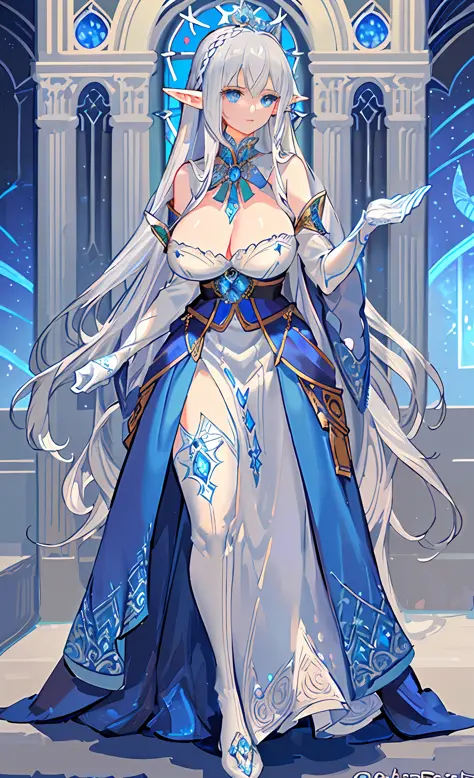 Tall elf goddess, long silver hair, silky and shiny, bright and detailed blue eyes, huge breasts: 1.5, bursting breasts, pointed elf ears, detailed flowers in hair, gorgeous and exquisite crown, exquisite intricate gorgeous openwork long skirt, beautifully...